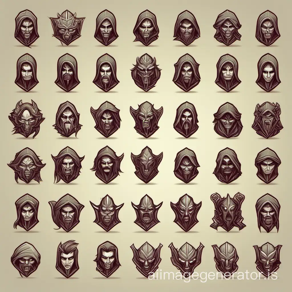 Draw a pack of icons for the evil enemies (Rogue) Anfas. Fantasy 2D vector graphics style (separately for each one on a new line)