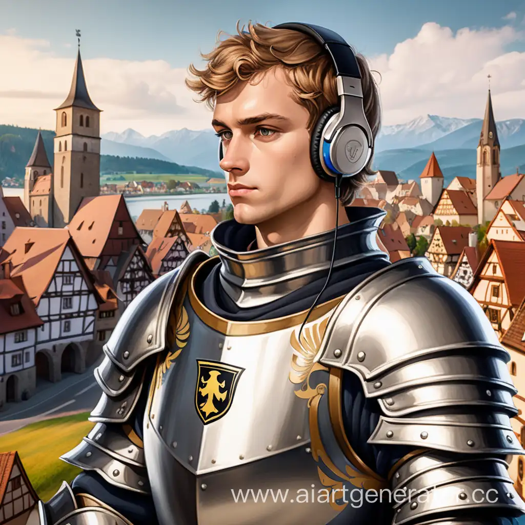Create an avatar. Young early 20s Medieval German knight wearing armor, wearing wireless headphones. Medium build, dark blond hair, pensive expression, lofi vibes, precise linework, traditional German town landscape in background. German Coat of Arms on armor, looking directly at camera