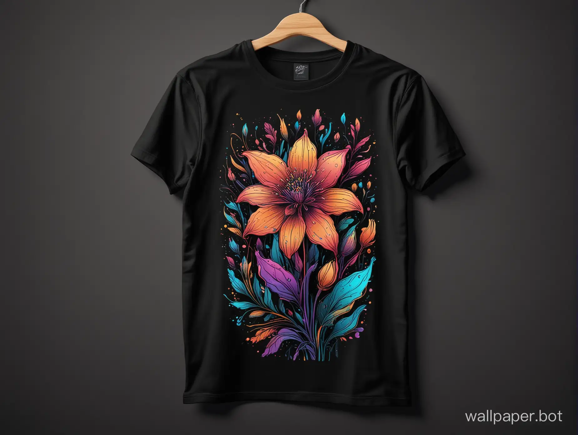 black t shirt mockup template, shirt, botanical art style, colorful abstract neon flower, fluid lineart illustration on shirt, constrast lineart, explosive colors