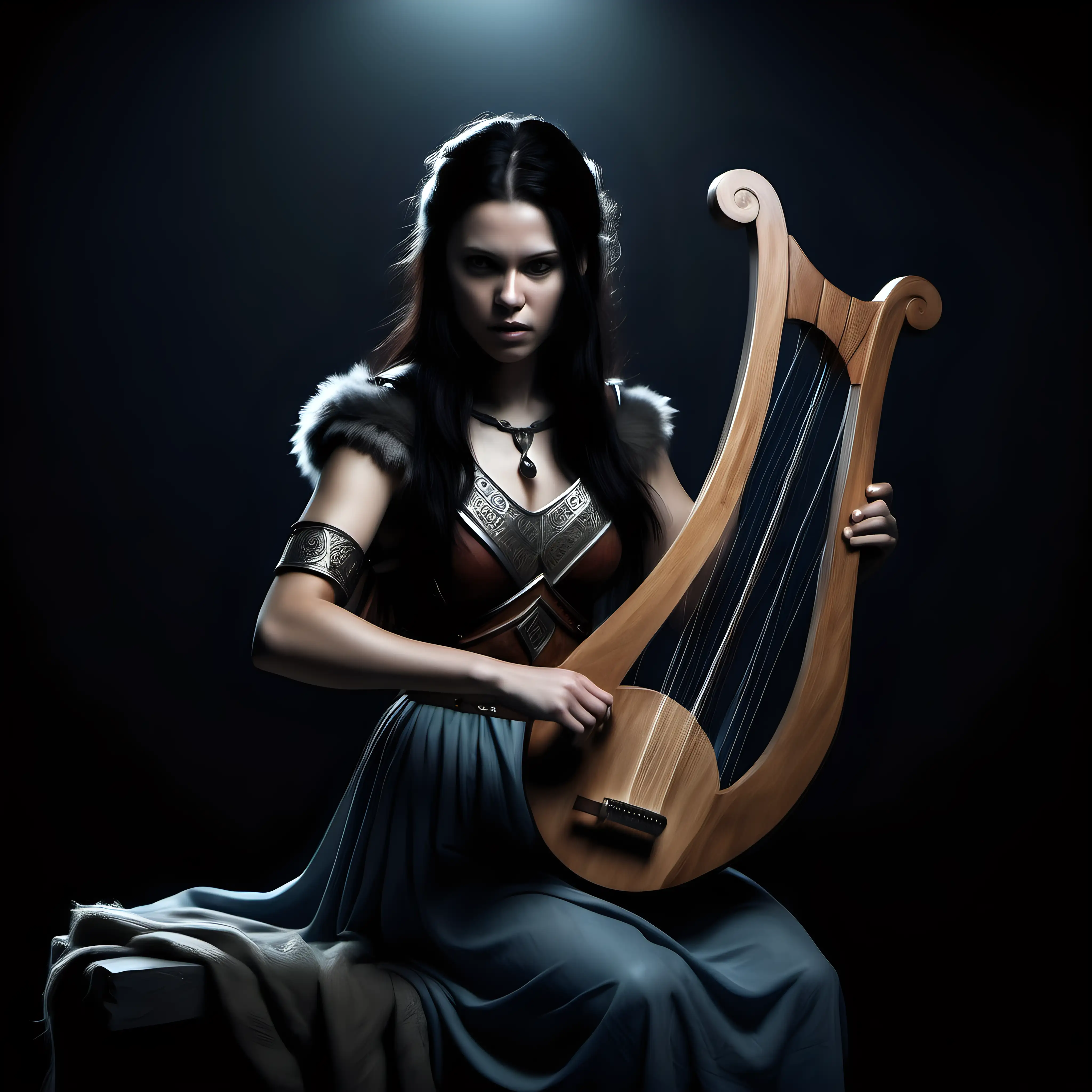 nordic female warrior, dark hair, playing a lyre, dark setting