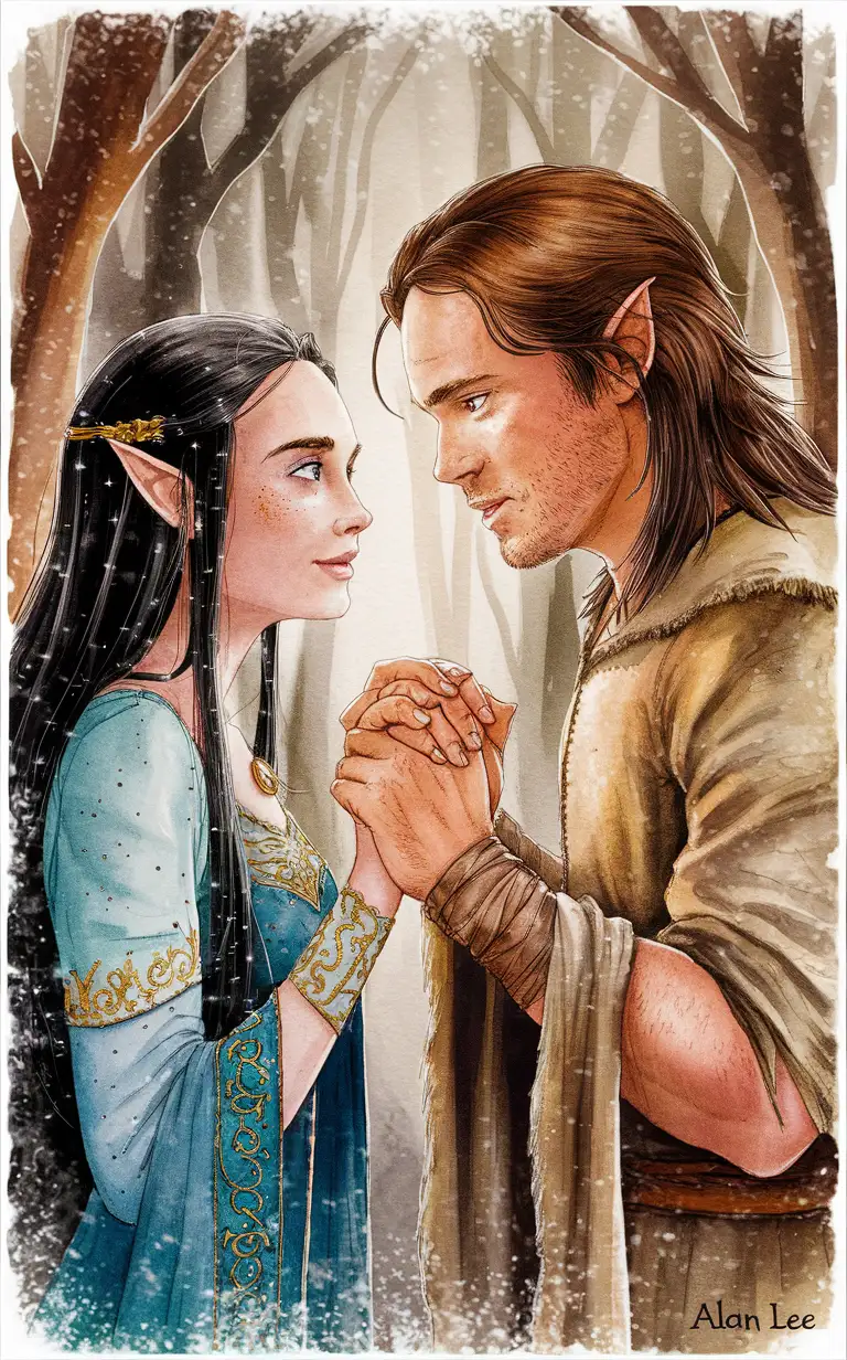 Beren and Lúthien holding each other's hands and looking at each other with loving eyes, she is the most beautiful of the elves with very long black hair and starry gray eyes and thick black eyebrows and white skin and wears a blue dress with gold embroidery. he is a man with tanned skin and stubble on the chin and he has medium-length brown hair and he is wearing simple worn brown warrior clothes of forest tramp, fantasy forest background at night, magic around, style by alan lee, aquarelle style, soft warm color scheme, magical, silver pigment, watercolor drawing