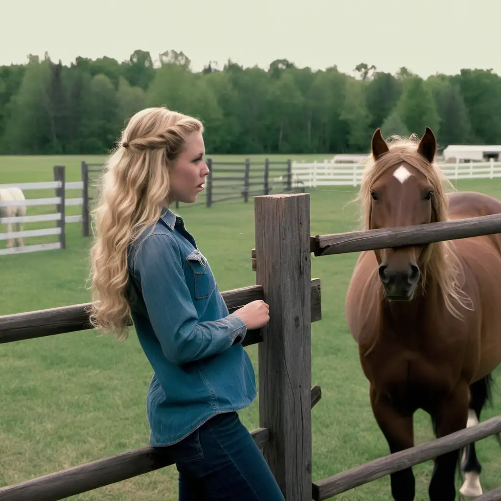  brown hair to collar curls on the end man in 30s standing by a fence with a long blonde haired girl looking at the horses in the pasture
