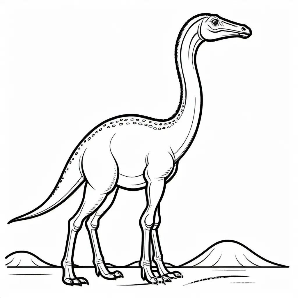 Gallimimus Dinosaur, only line drawing without color , Coloring Page, black and white, line art, white background, Simplicity, Ample White Space. The background of the coloring page is plain white to make it easy for young children to color within the lines. The outlines of all the subjects are easy to distinguish, making it simple for kids to color without too much difficulty