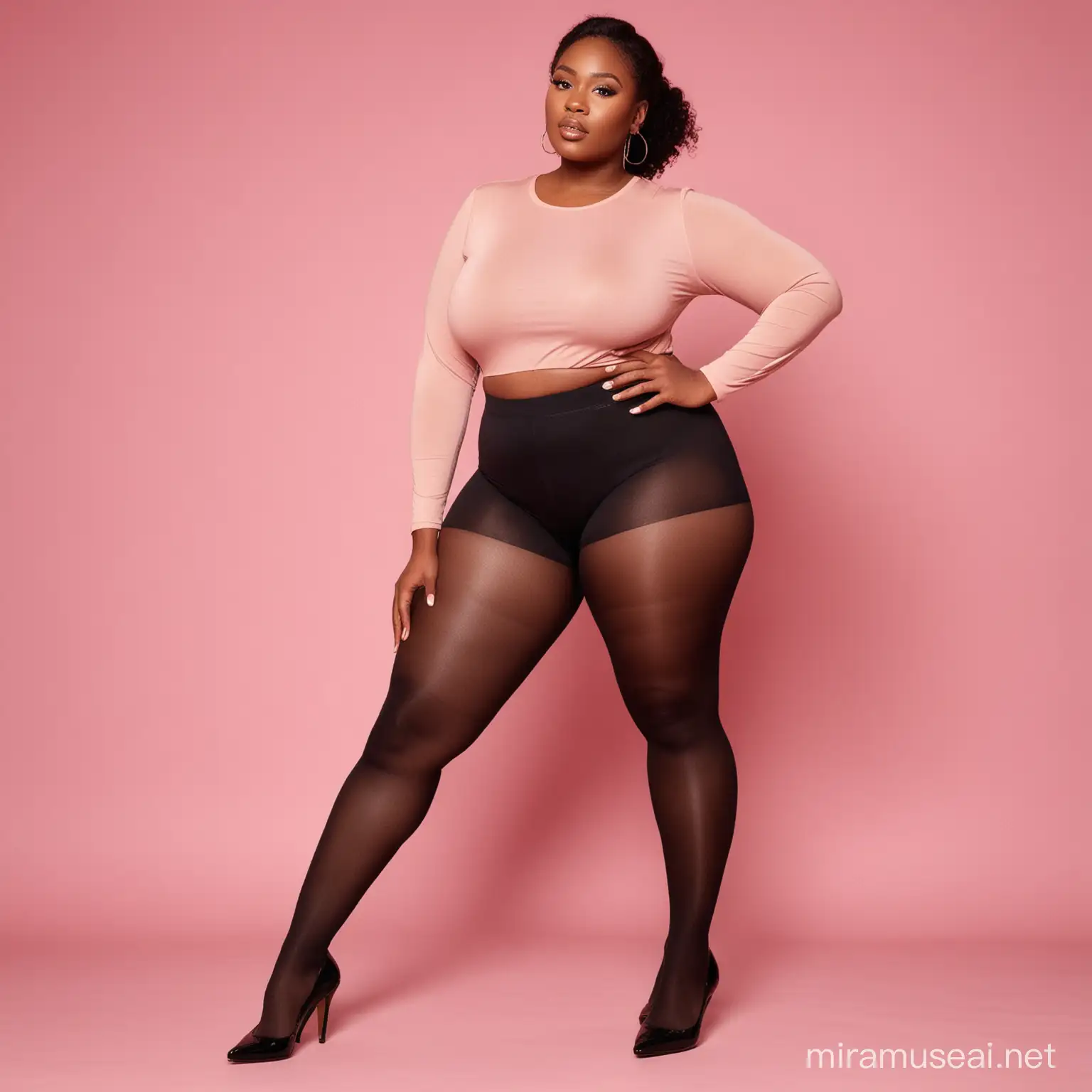 Waist to feet photo only of a plussize light complexion nigerian model wearing a plain black pantyhose tights on a pink background 