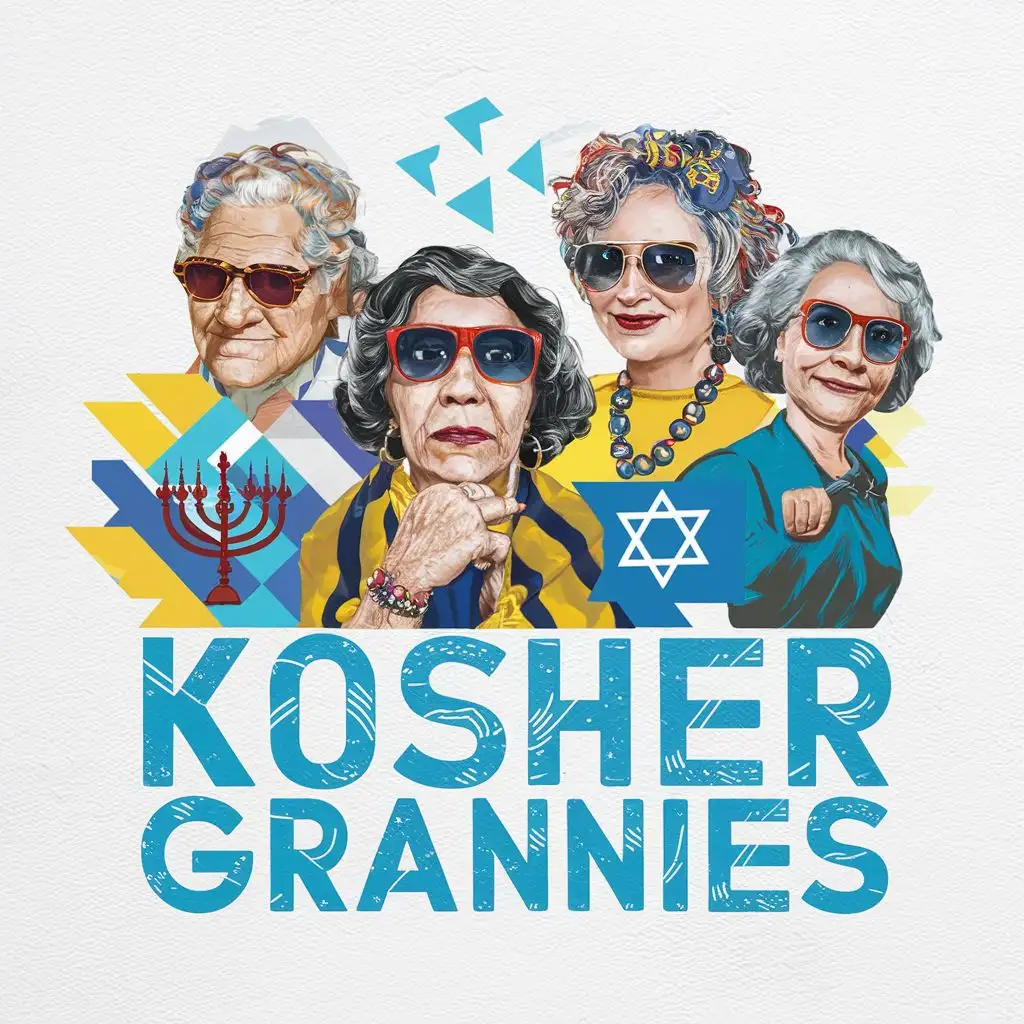 logo, Israel, yellow, blue, white,  4 very Jewish old school grannies with sunglasses, Israeli colorful headcovers, menorah, star of David, Paul Klee, with the text "Kosher Grannies", typography, be used in the Automotive industry