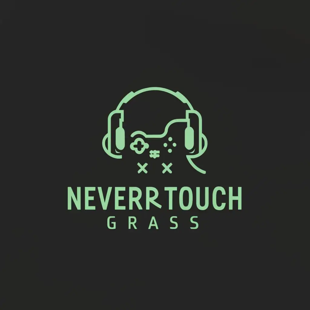 a logo design,with the text "NeverTouchGrass", main symbol:gaming controller head wearing headphones with black background.,Moderate,clear background
