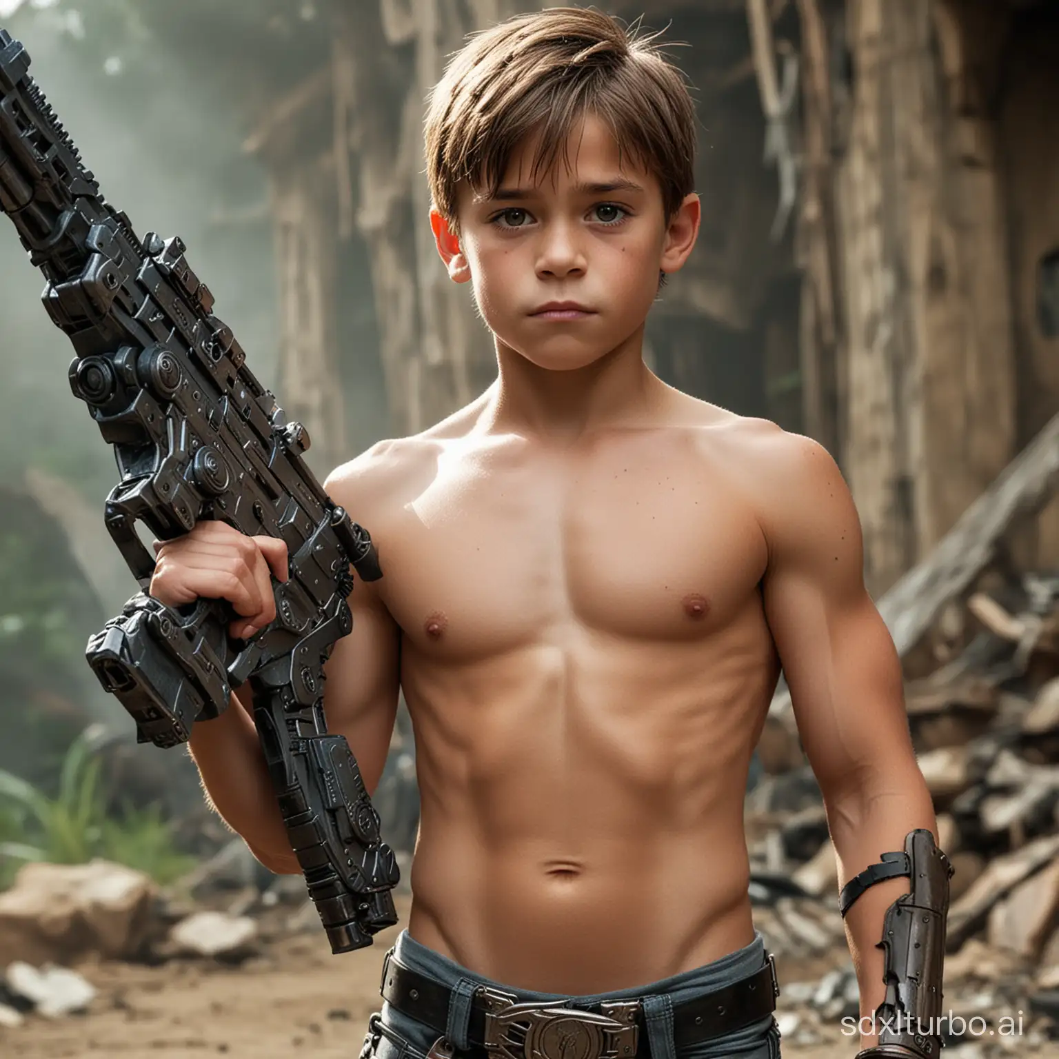 Muscular-Shirtless-12YearOld-Boy-with-Gun-in-Apocalyptic-World