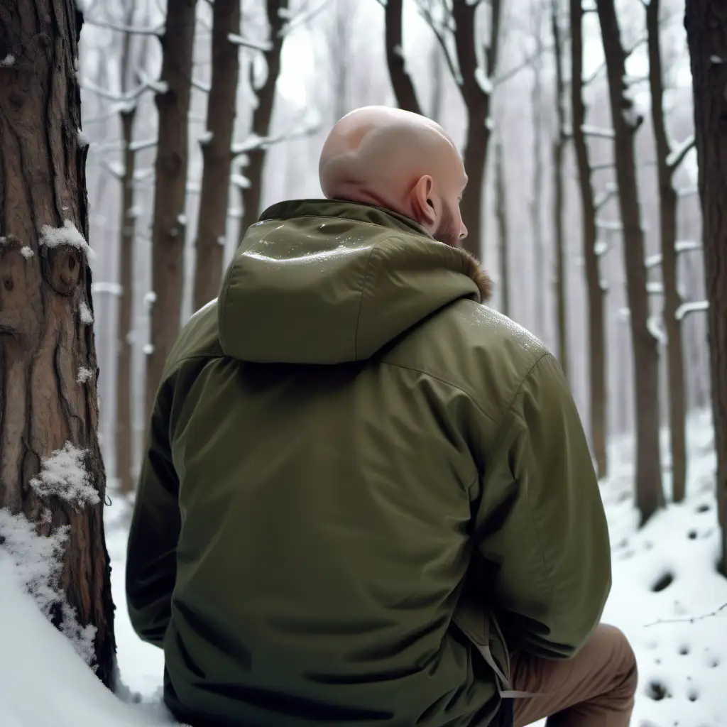 create a hyper realistic portrait of a white guy, bald, one day old beard, brown eyes, square face, olive green hiking jacket, backpack, seen from the back, sitting against a tree in a snowy forest, 1080p resolution, ultra 4K, high definition
