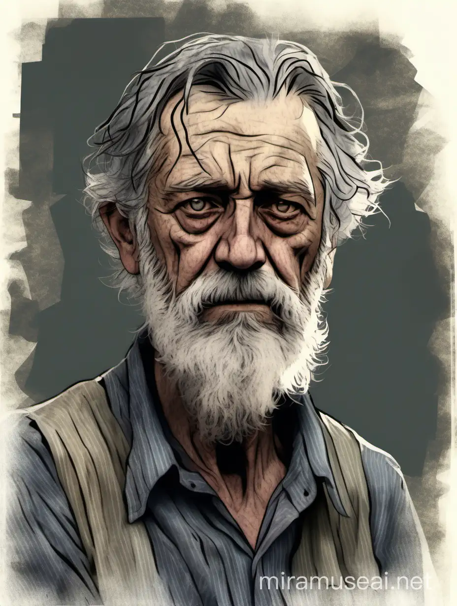 A picture of a 1920s 61 years old working class man. Ruffled, gray hair, unkempt beard, sad, dejected eyes. Stained, worn shirt. In the style of digital painting