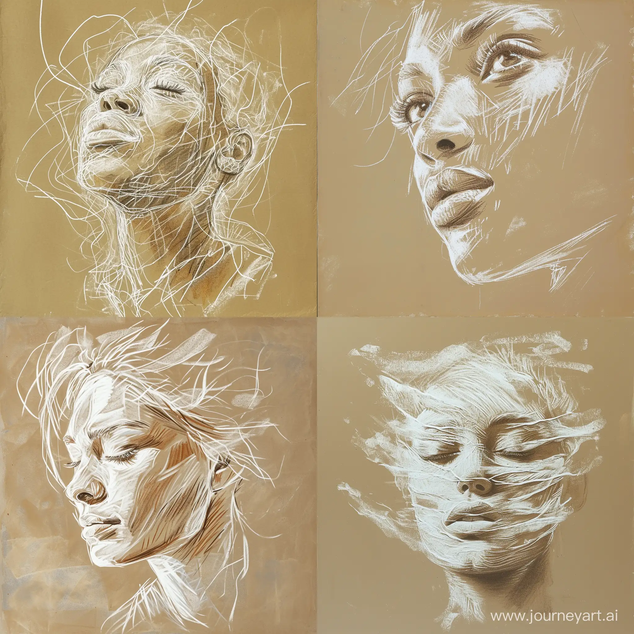 Masterpiece Chalk Portrait Doodles in White and Brown Shades on Beige Background
Portrait doodles in white and brown shades of ... a masterpiece of chalk drawing on a beige background 