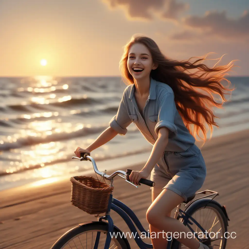 Happy-Girl-Riding-Bicycle-Along-Seaside-at-Sunset-Hyperrealism