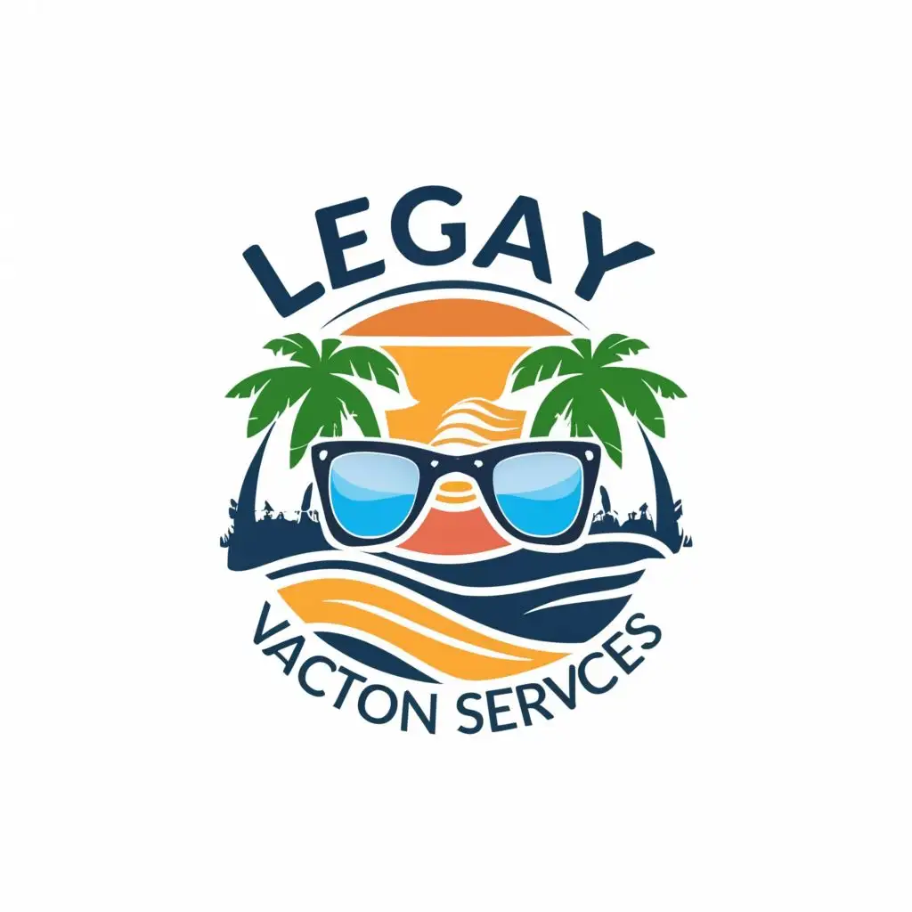 logo, sunglasses on beach, with the text "legacy vacation services", typography