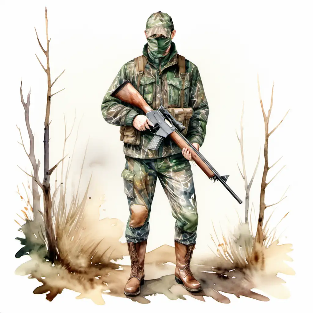 Hunter with shotgun, wearing camo, full body, face hidden, watercolor