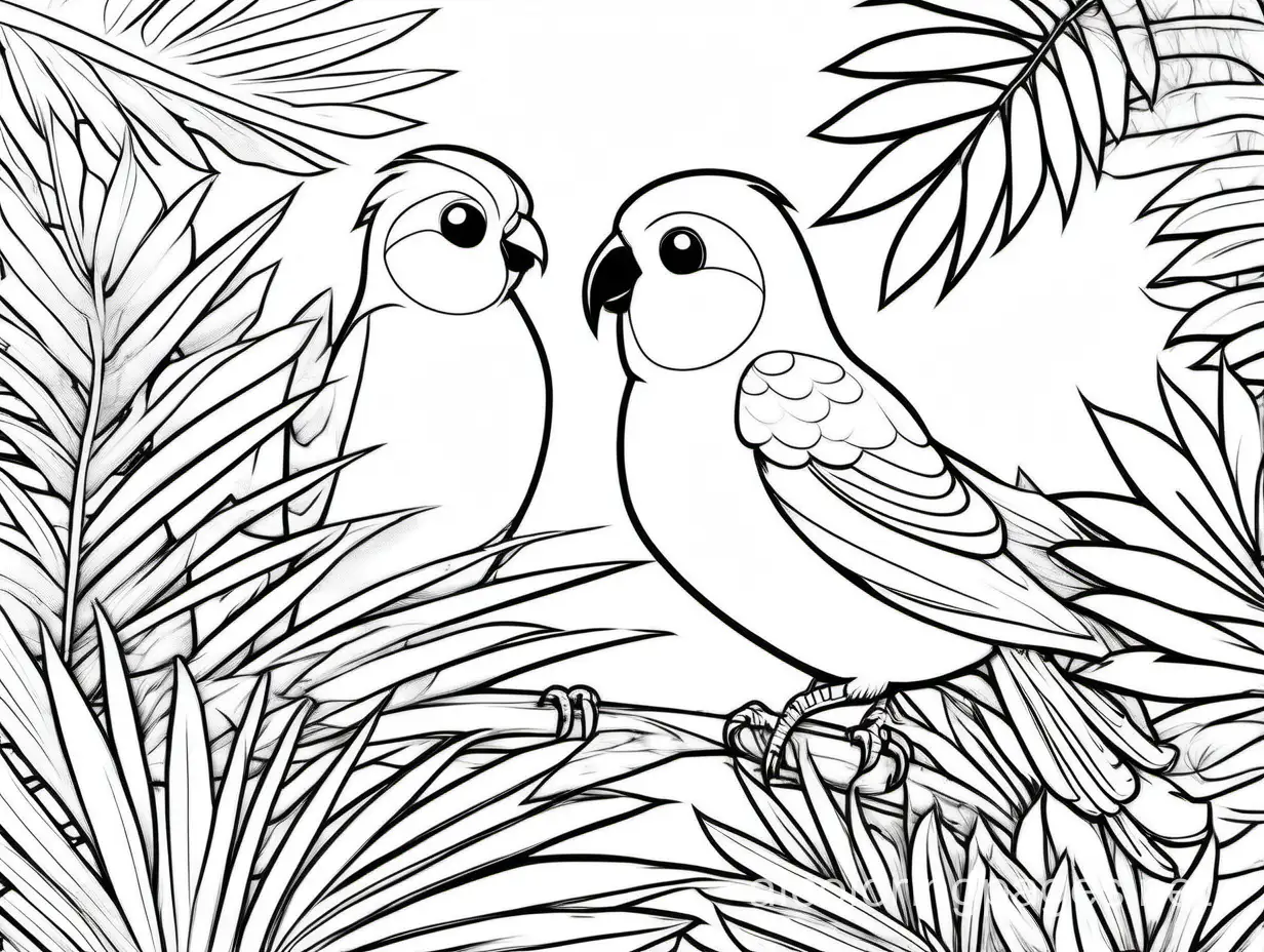 birds in the jungle, Coloring Page, black and white, line art, white background, Simplicity, Ample White Space. The background of the coloring page is plain white to make it easy for young children to color within the lines. The outlines of all the subjects are easy to distinguish, making it simple for kids to color without too much difficulty