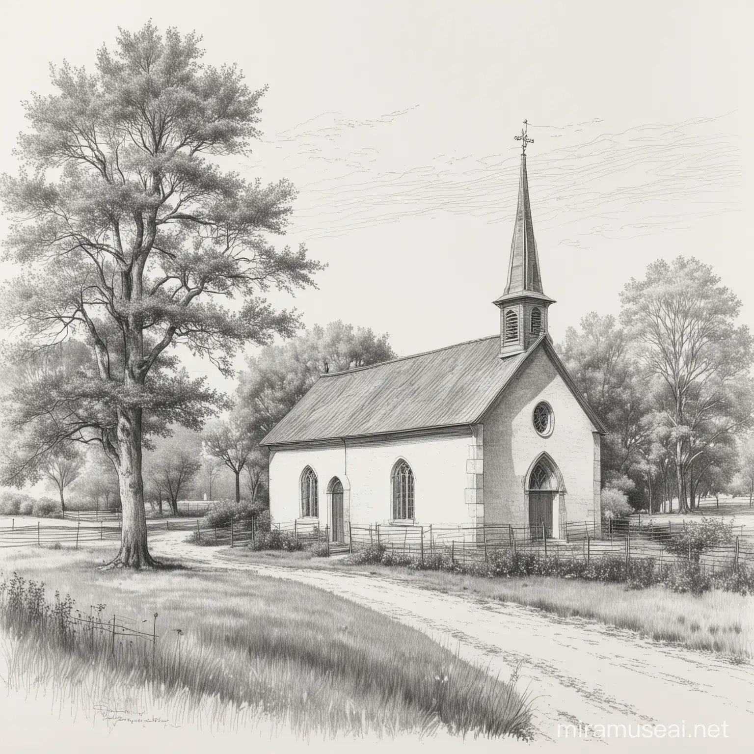 Rustic Sketch of Petitre Line Country Chapel Amidst Lush Greenery