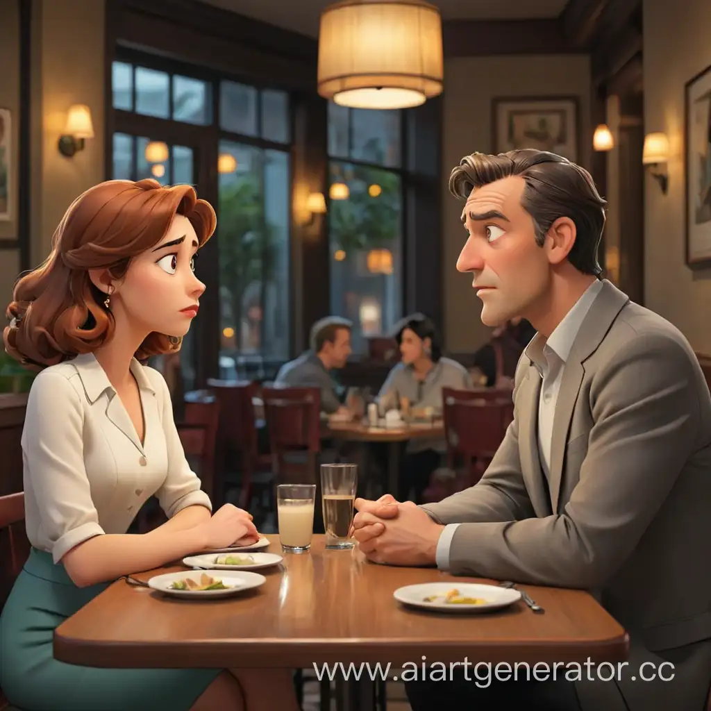 мультяшный мужчина и женщина сидят за столом в ресторане напротив друг друга мужчине не интересно разговаривать