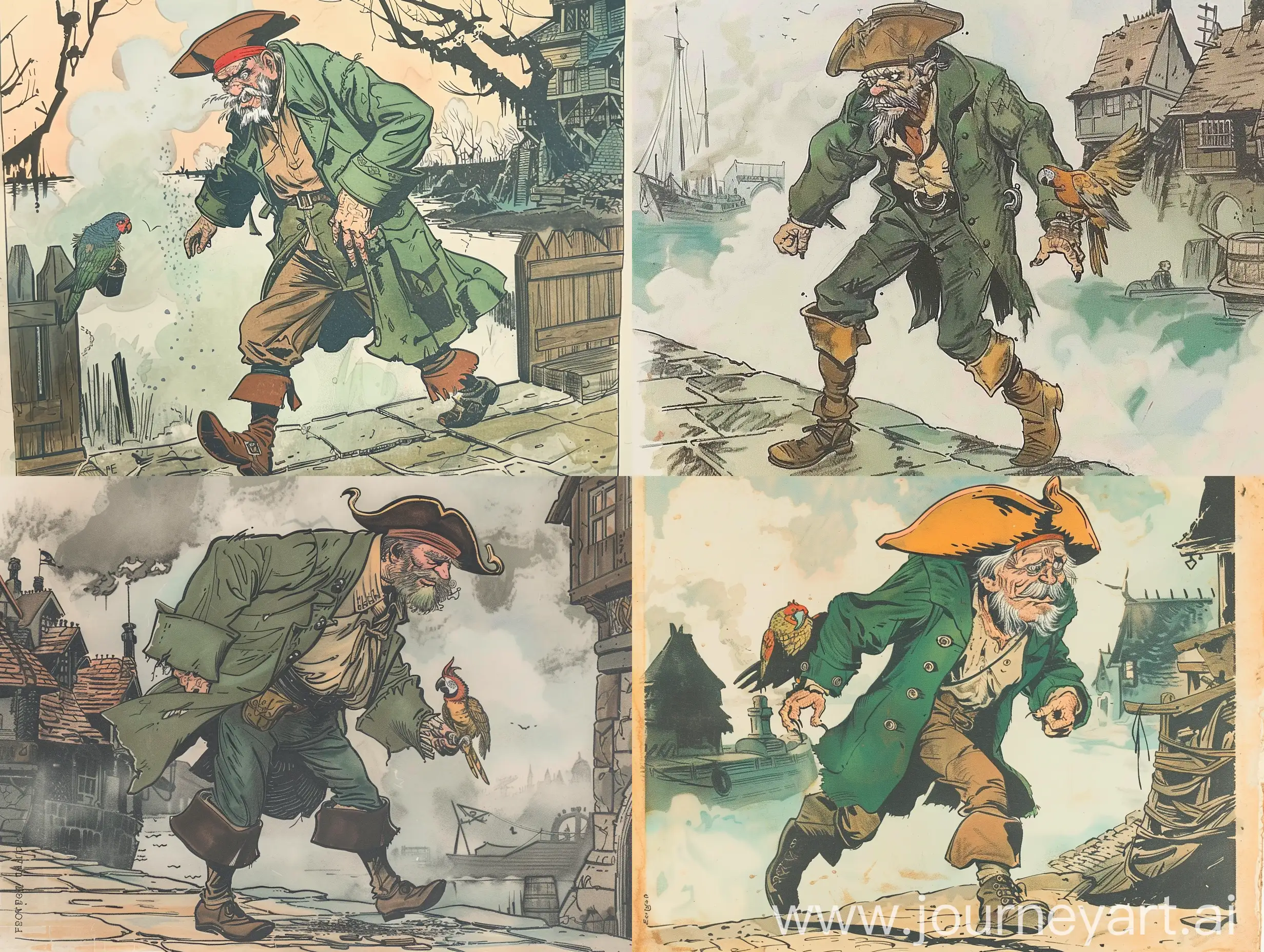 highly detailed 1940s antique comic book coloured drawing sketch of an aging man in a musty green coat with a dirty shirt and pirate hat with brown boots. Walking around a foggy haunted harbour while holding an old parrot.