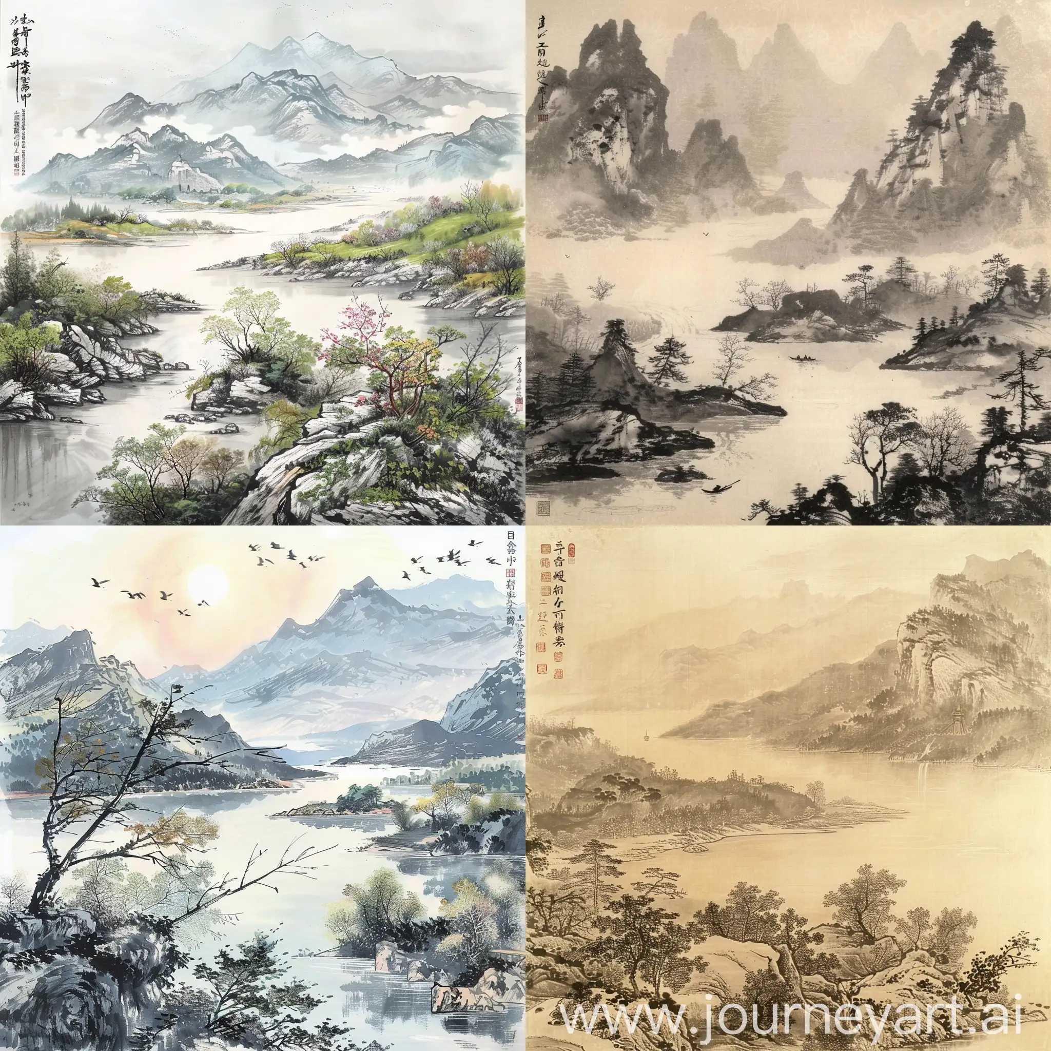 以中国传统水墨画风格呈现出山川湖泊美景，展现中国的诗意与韵味