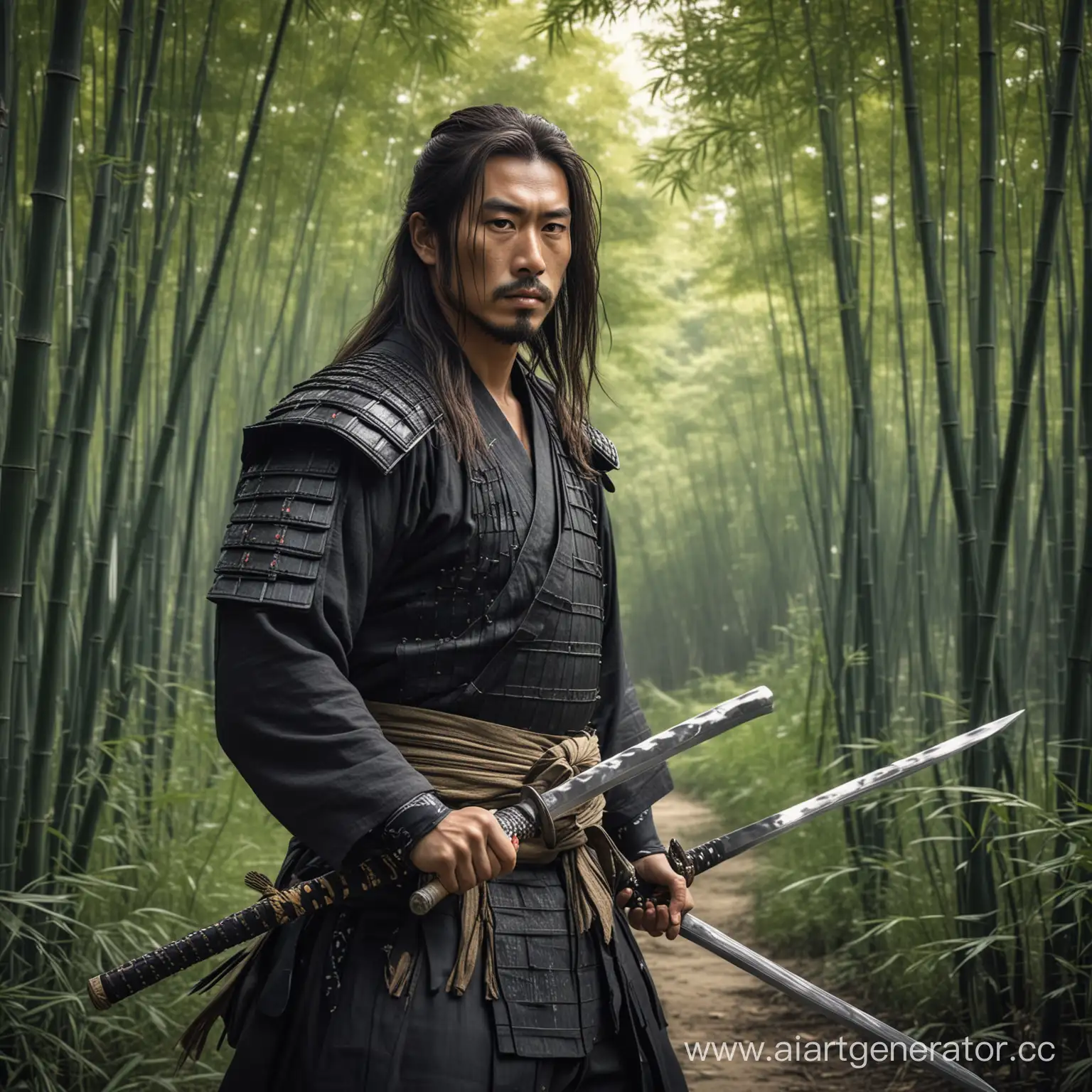  самурай с катаной в доспехах с длинными волосами в бамбуковой роще
