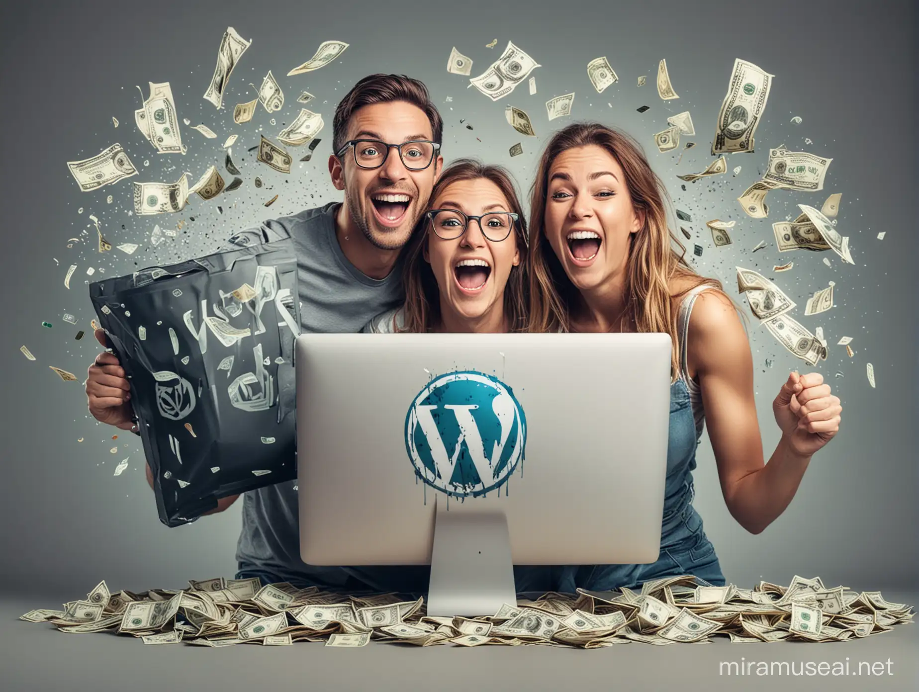 A very happy and excited man and woman with a WordPress logo and a big computer with a lot of money pouring into them.