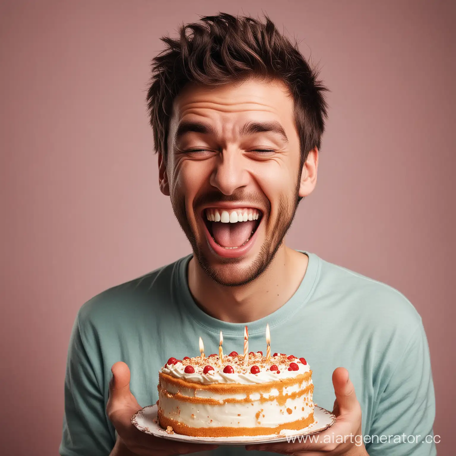 представьте себе парня с тортом в руках, на котором изображено его лицо. Он смеётся, глядя на своё изображение.