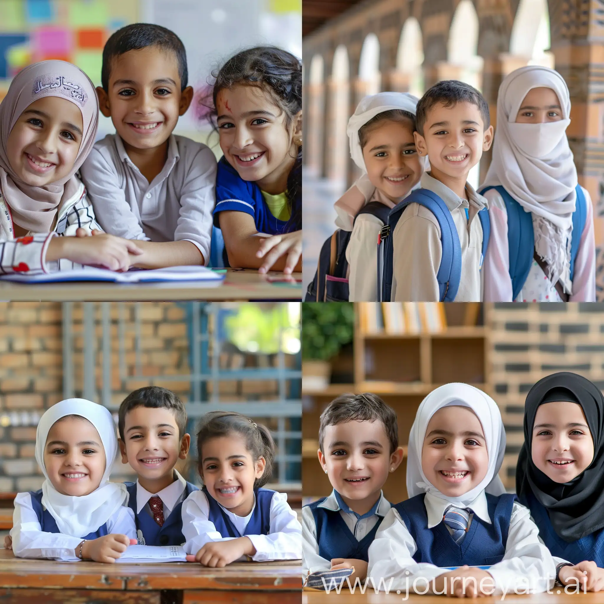  ثلاثة طلاب بملامح عربية في عمر الثامنة
  في المدرسة مبتسمين صورة واقعية  
يدرسون بفرح وسعادة
