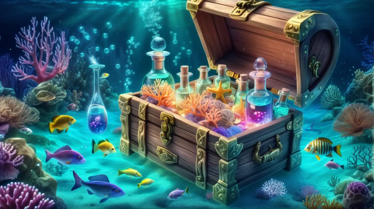 a magical treasure chest at the bottom of the ocean. floating-glowing potion bottles with iridescent glow, fairytale, magical, corals and fish. 8K.