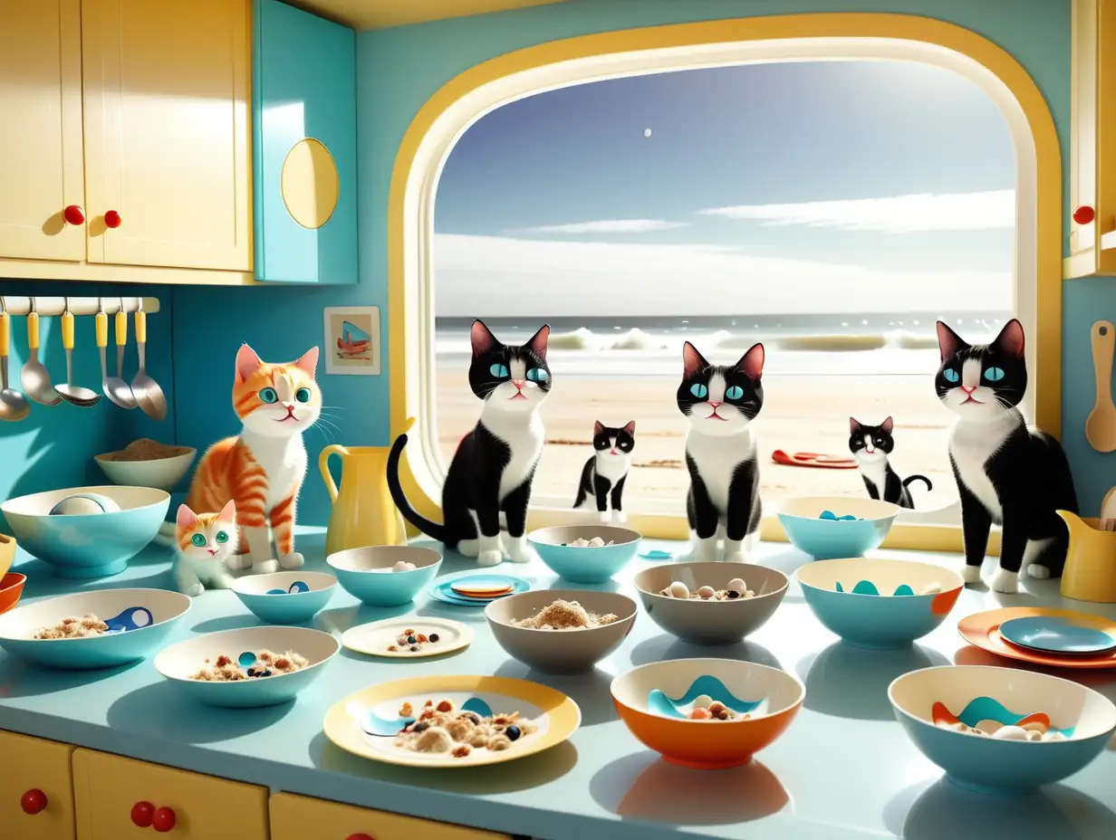 space age looking cats are playing in a kitchen among the utensils and bowls and plates. There is a window open in the kitchen and it looks out on a beach, where families are playing and where surfers are enjoying the waves. The image is happy and bright and retro-looking with the space age cat theme.