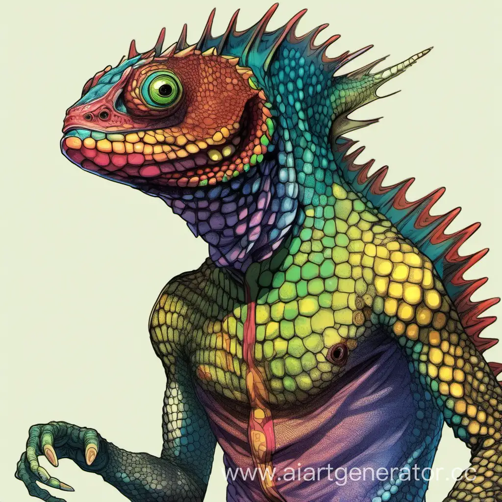 Colourful scaly humanoid having a lizard face and a wrasse body and human arms and legs and no wings and no tail