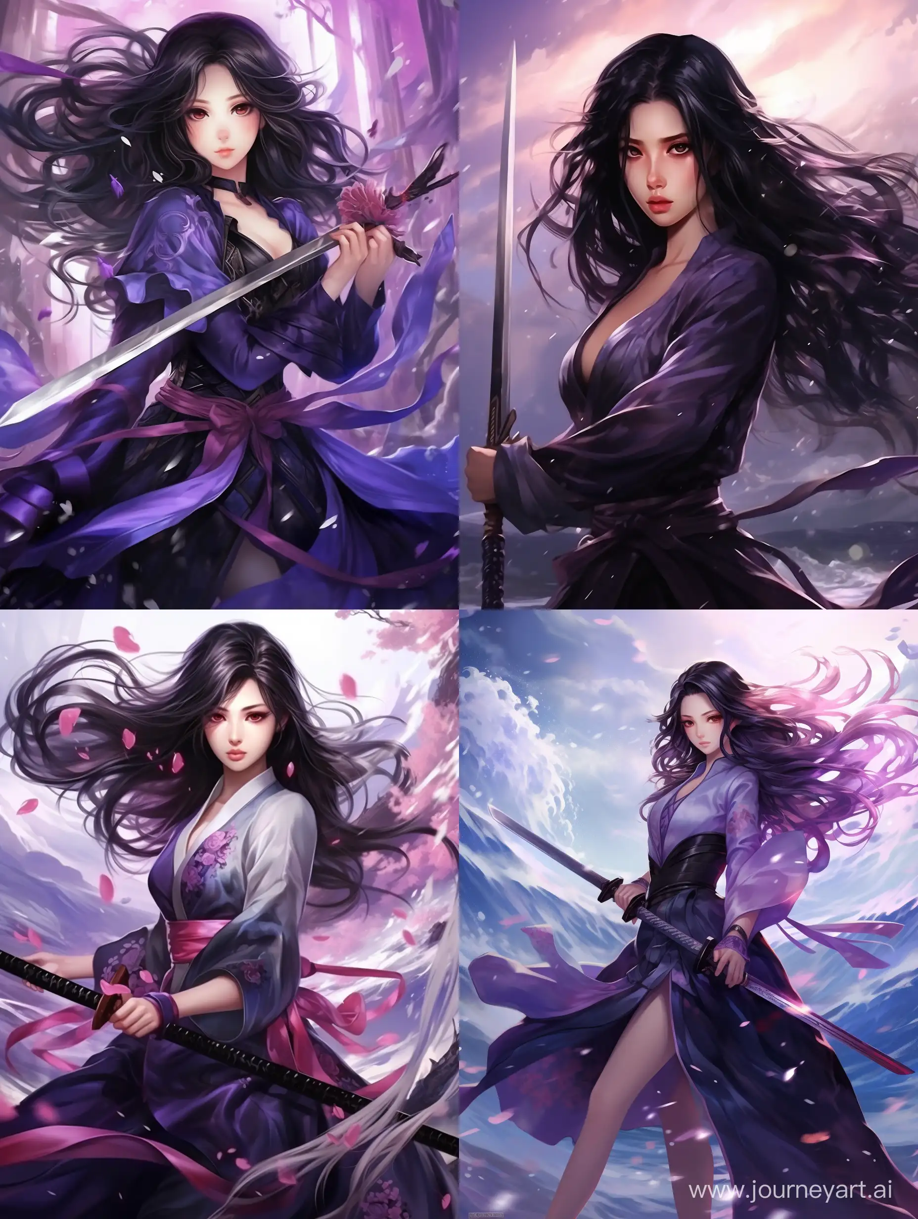 long black haired beautiful girl wears a fit clothes with a purple kimono, katana in her hand, purple and black energy floats around her, dynamic pose, fight pose, manga style art