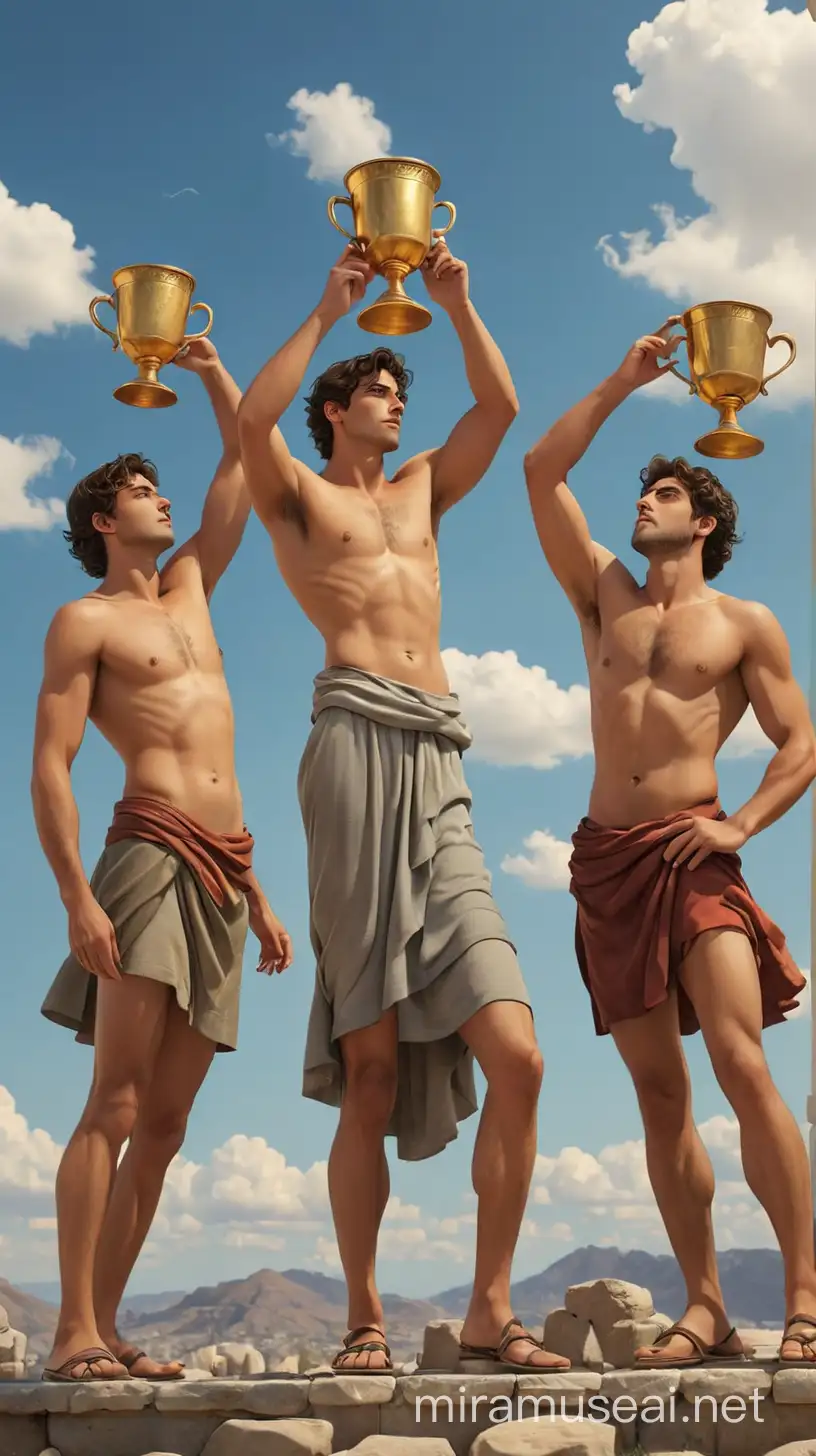 The Tarot Card: Three Of Cups But As 3D Soft Art But Make It Three Hot Young Ancient Greek Men, They Hold Their Cups Up High Into The Sky While Standing Outside (1 Cup Per Man), Have Them Show More Of Their Skin