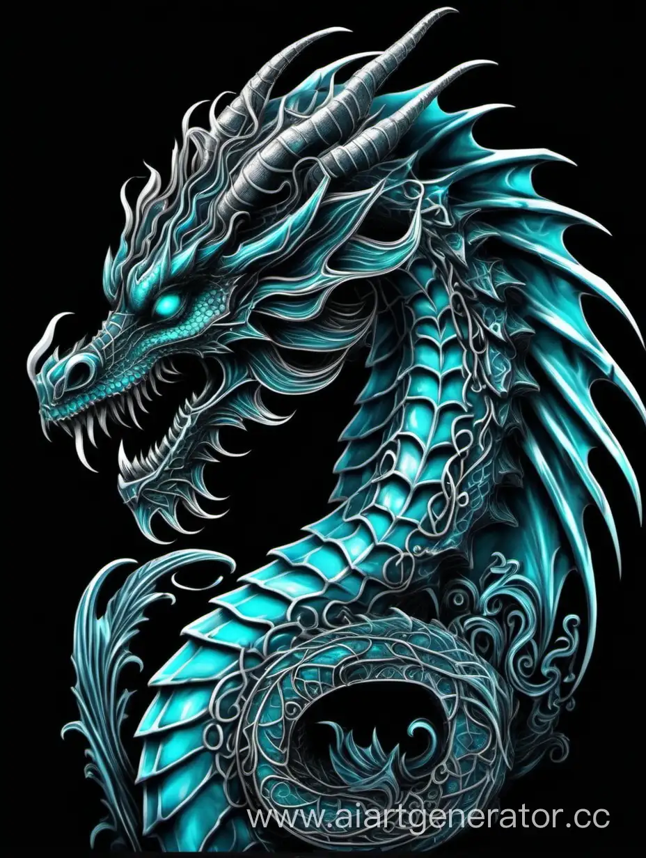 дракон одна голова и шея стального цвета находится справа,  на черном фоне, hd, в фантазийном стиле, добавь на фоне кованые завитки. Добавь за драконом немного пламени сине-бирюзового цвета

