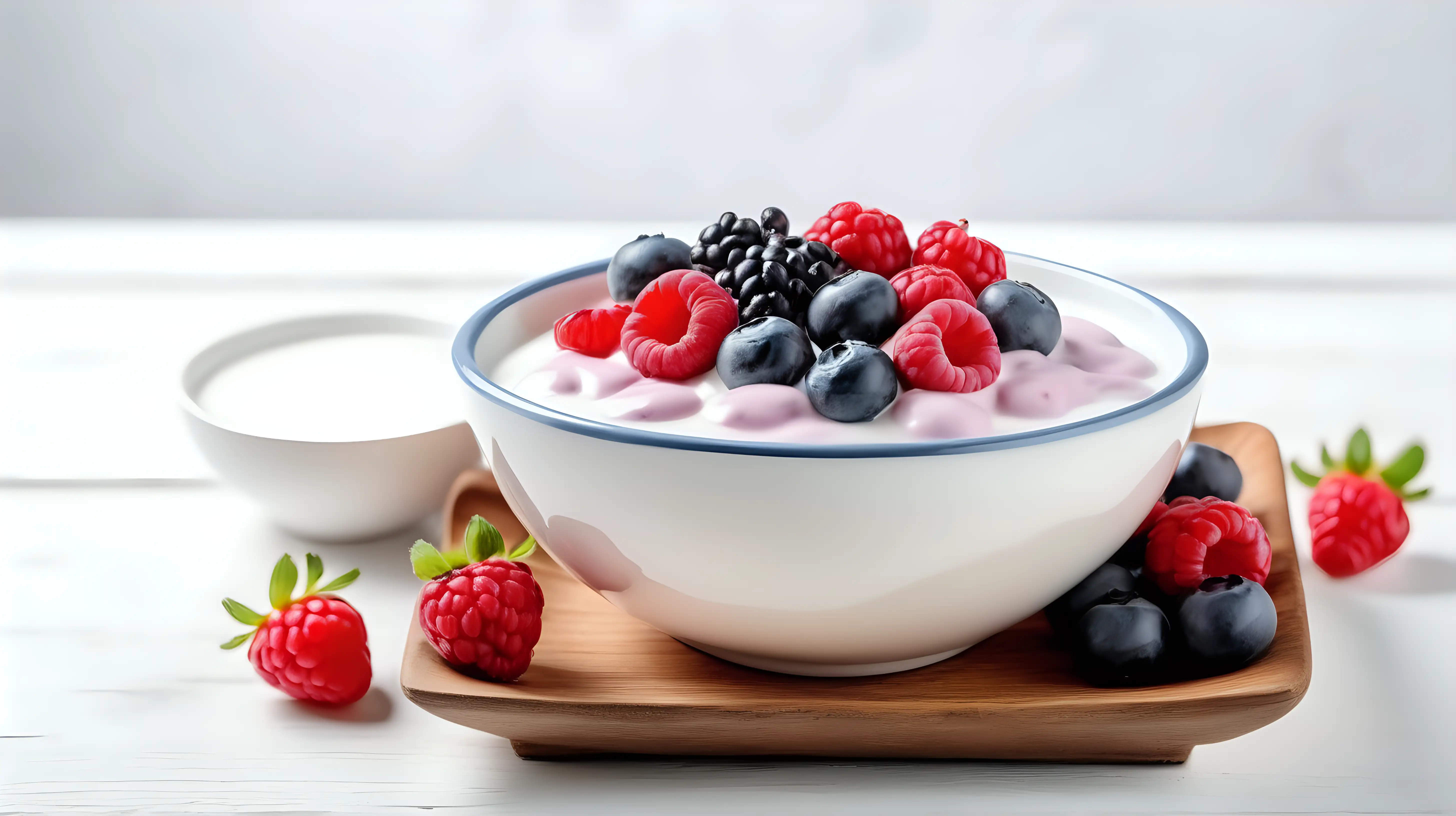 Yogurt with fruit berry in bowl on wooden table, white background, copy space