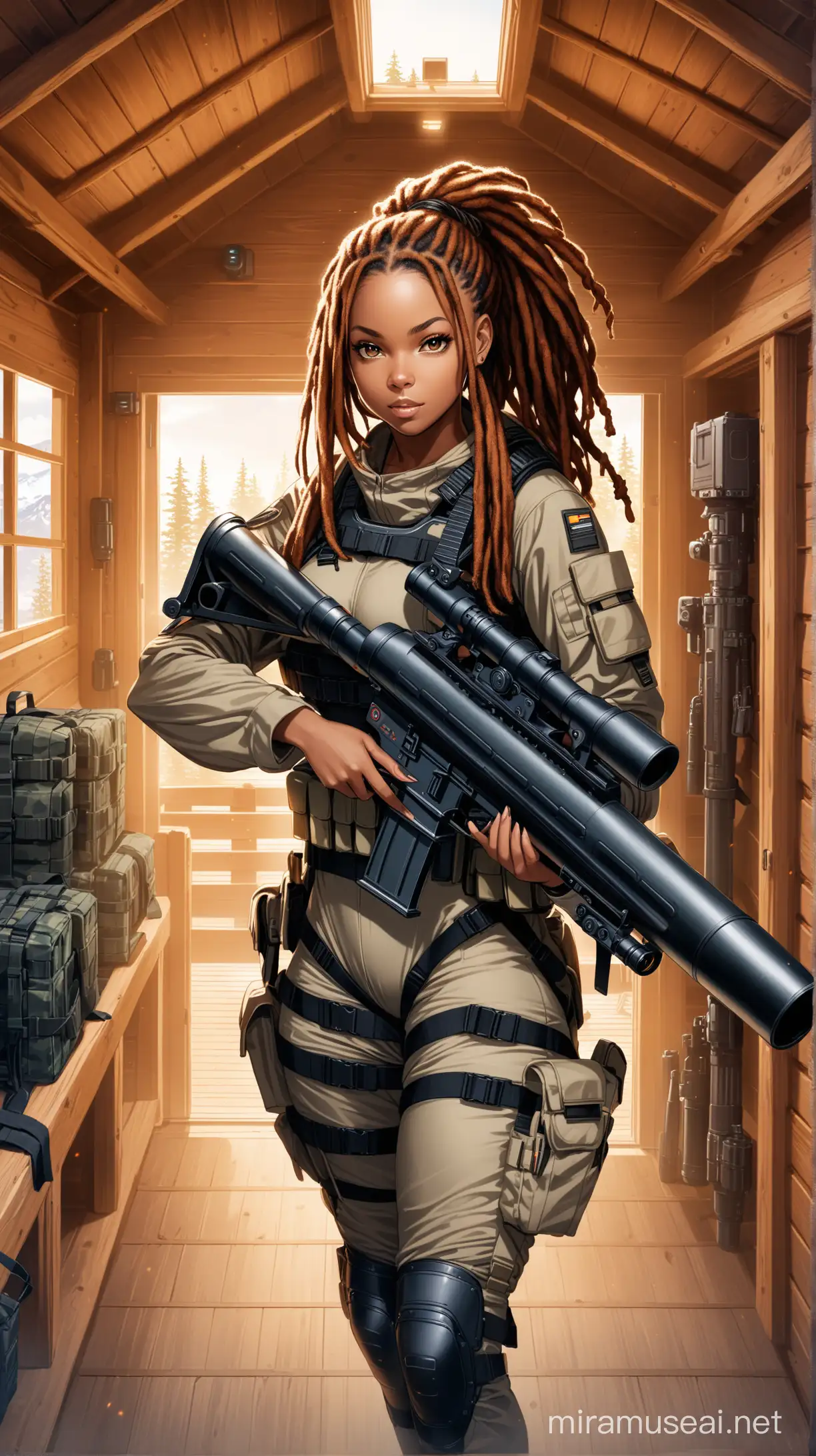 Beautiful black woman with dreadlocks wielding bazooka in combat gear in wooden cabin surrounded by high tech equipment.