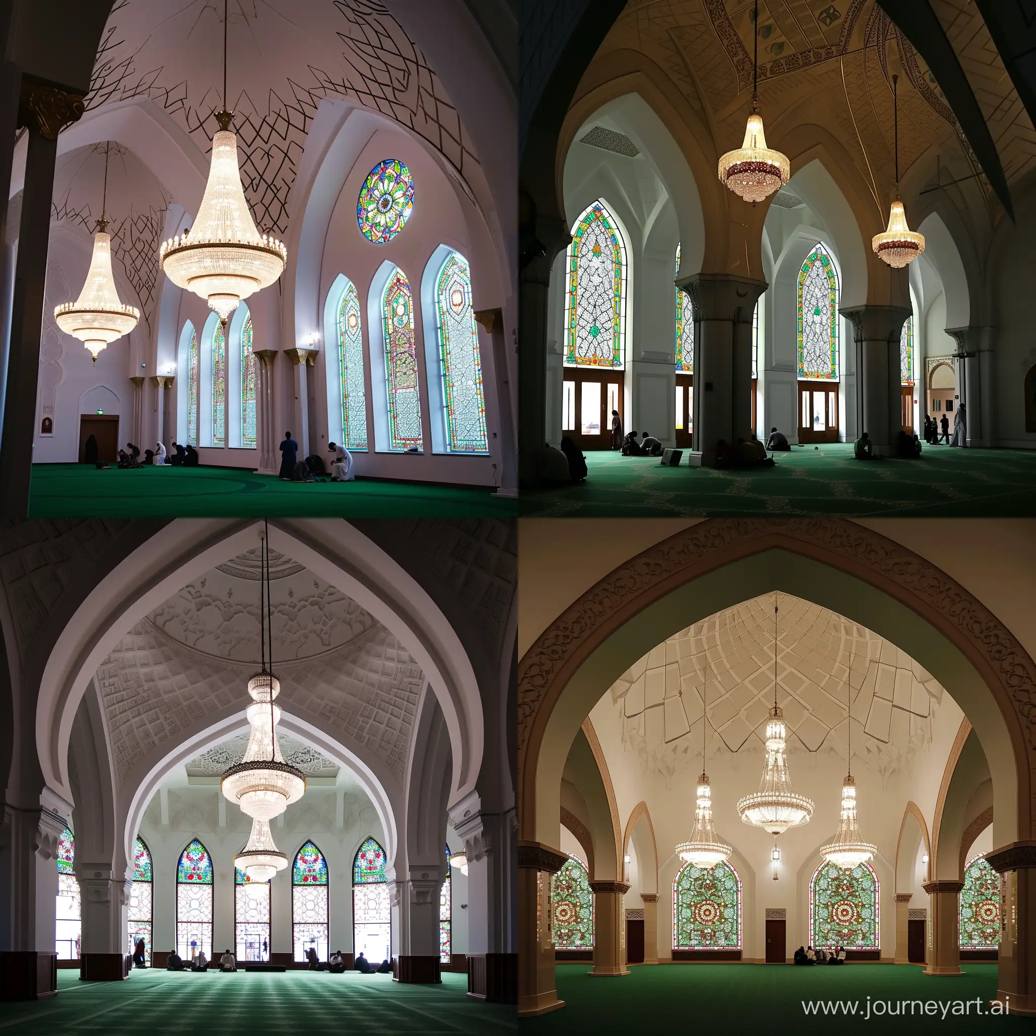 The picture shows the interior of the grand mosque with arches and stained glass windows. Two chandeliers hang from the ceiling, and there is a green carpet on the floor. The walls are white and decorated with geometric patterns. The room is dimly lit, and people can be seen praying.