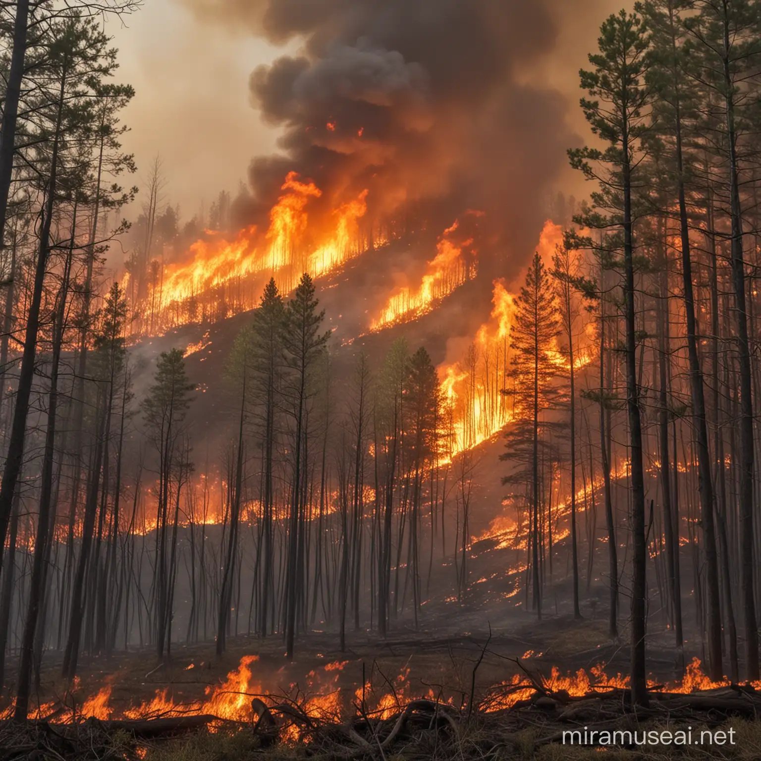 Intense Forest Fire Engulfing Trees and Wildlife