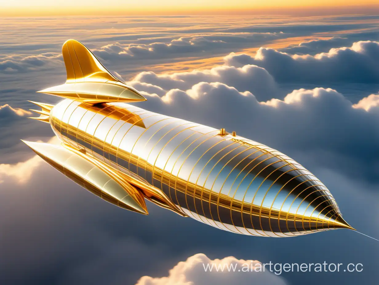 colossal sleek needle-shaped hi-tech stratospheric airship of brushed and mirror-polished white and yellow metal with two giant turbofans flying fast at high altitude above the clouds lit by sunset