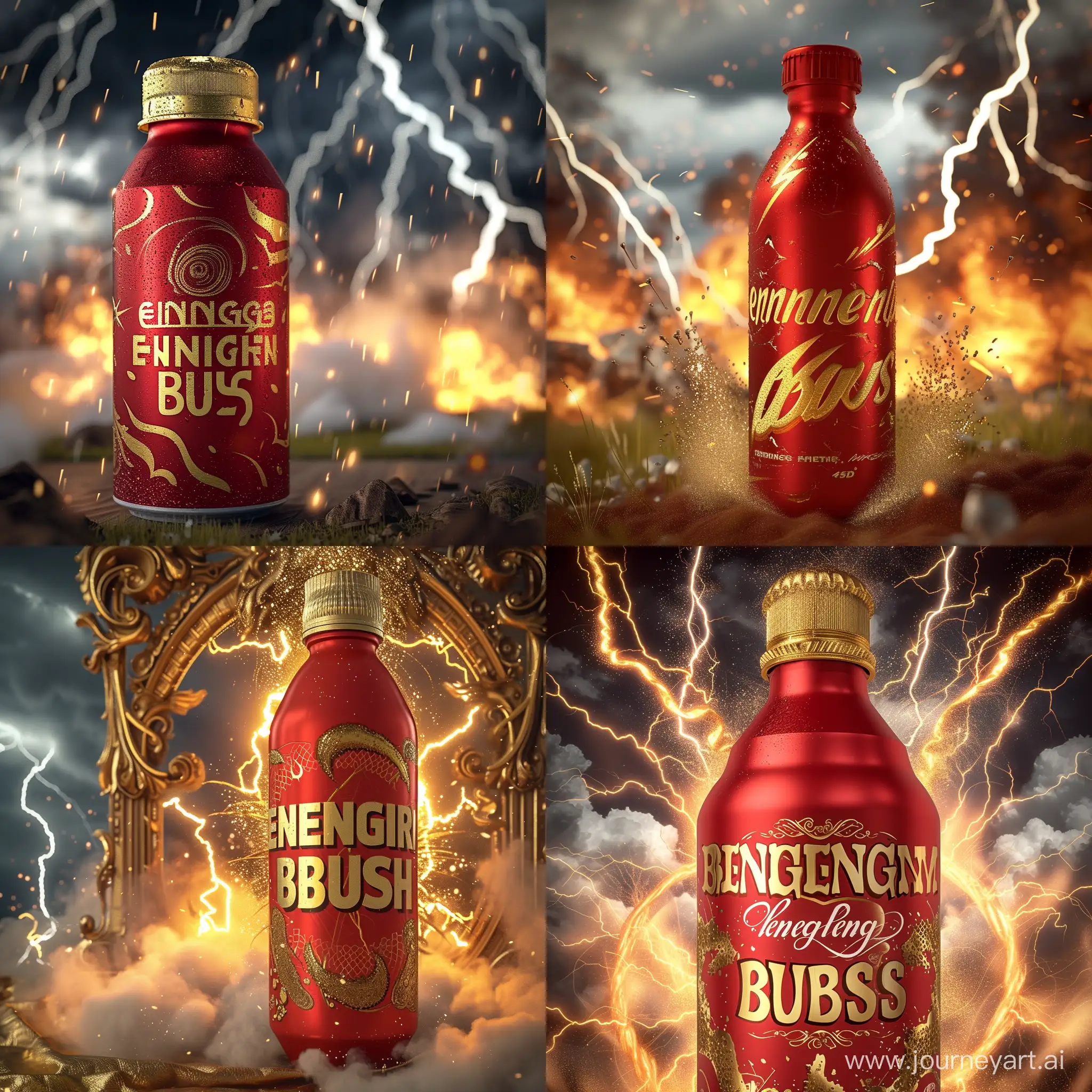 a red energy drink called energy burst with gold accents in 4k with fire and thunder in the background --v 6 --ar 1:1 --no 61721