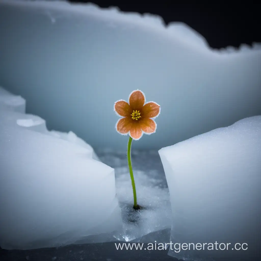 маленький одиночный  цветок растет из под толщи льда