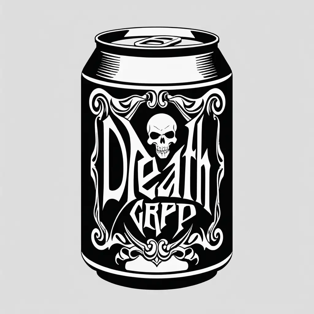 Black and white Stencil of a beer can with death grip written on it, in the style of Jim Phillips, logo, minimalist, simplicity, vector art, negative space, Isolated on black background 5