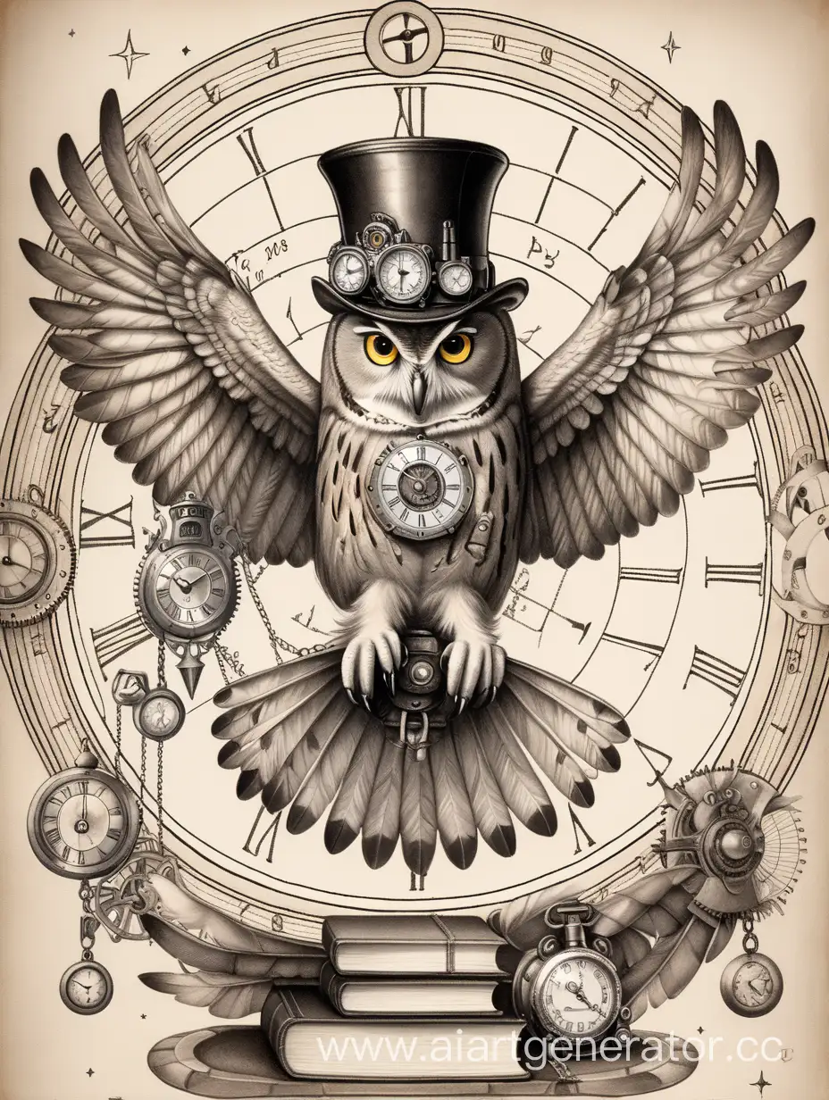 Steampunk-Owl-Tattoo-Sketch-with-Mechanical-Wing-and-Zodiac-Background
