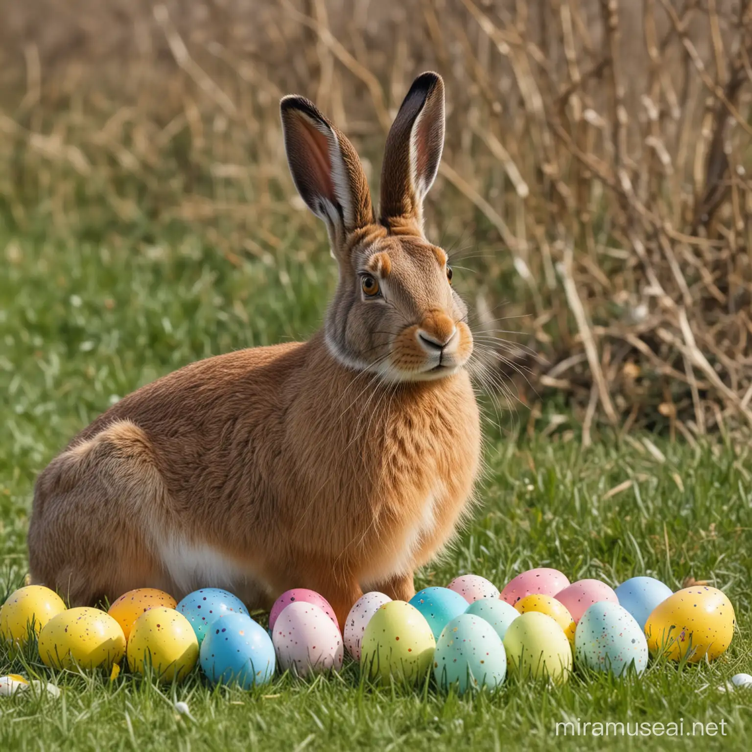 Easter Hare Surrounded by Vibrant Eggs on a Lush Green Lawn
