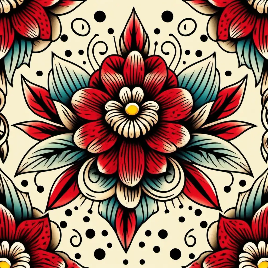 Pattern seamless small, colorful, Oldschool tattoo Design, rockabilly, flower, red backround
