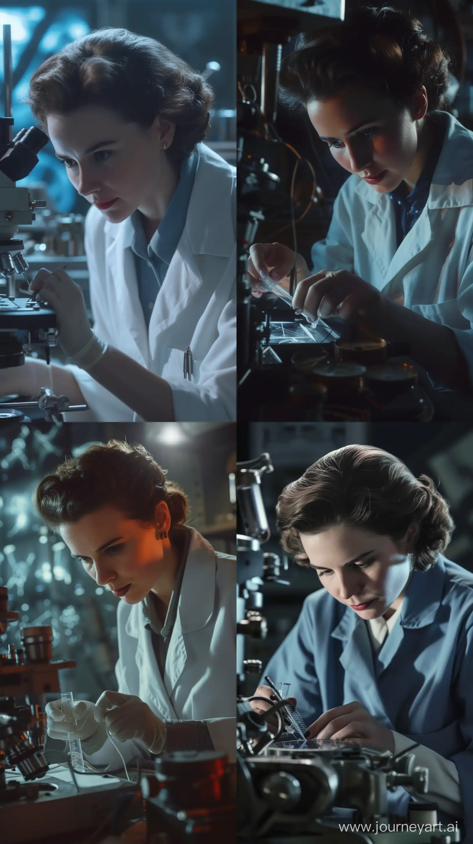 Rosalind Franklin, meticulously examining X-ray diffraction images, mid-20th century, professional lab coat, high-tech lab equipment, close-up shot, hyper-realism, cinematography --ar 9:16