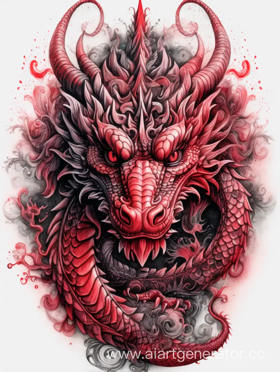 ethereal Bohemian front head of dragon, red and black fluid ink, intricate splash details, ornate, detailed illustration, octane render, sticker style