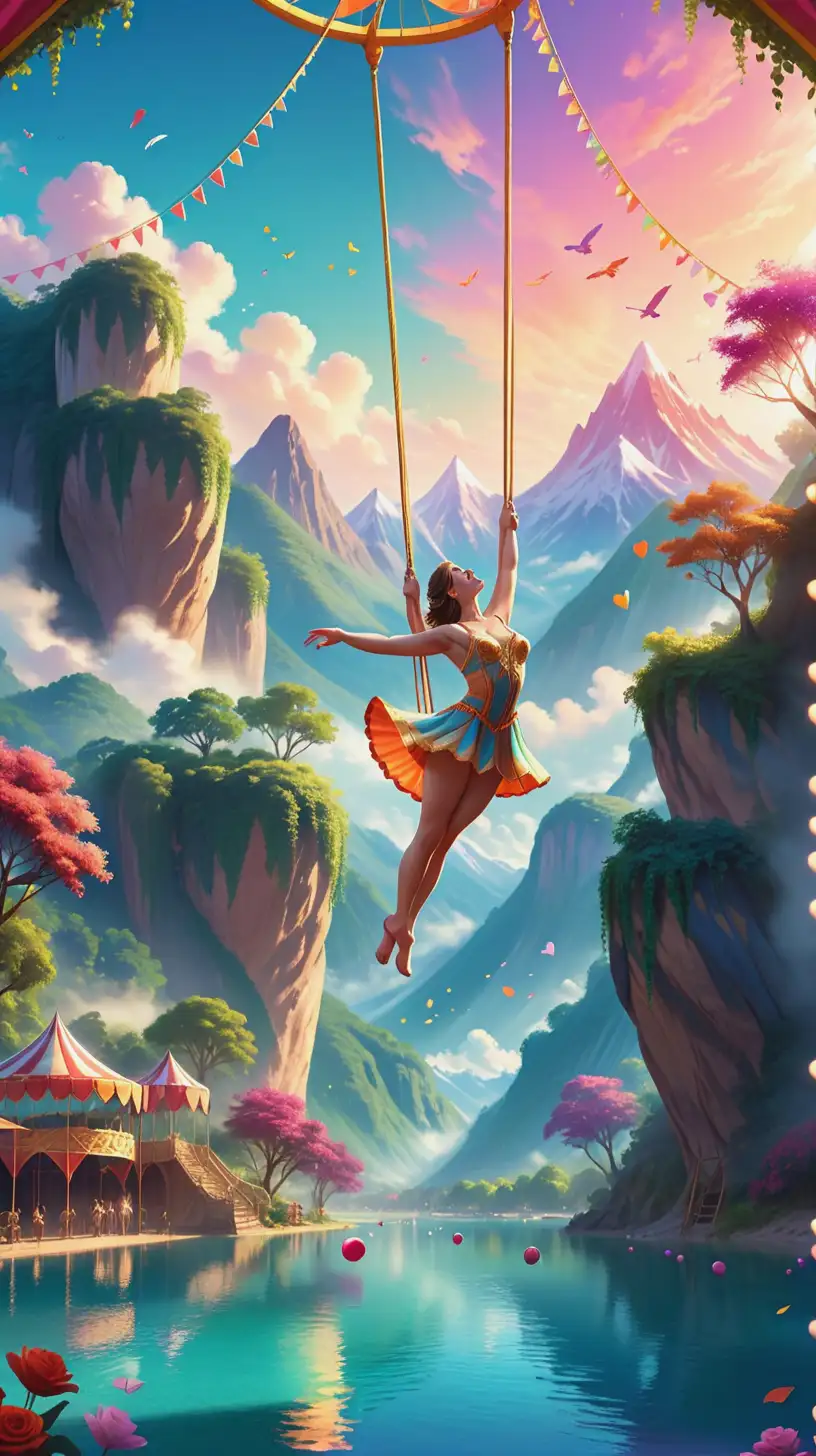 Create a digital art illustration of serene paradise, about a love story of a trapeze artist with the circus. Imagine a landscape bathed in radiant light, with vibrant colours, lush gardens, clear rivers, and majestic mountain background.