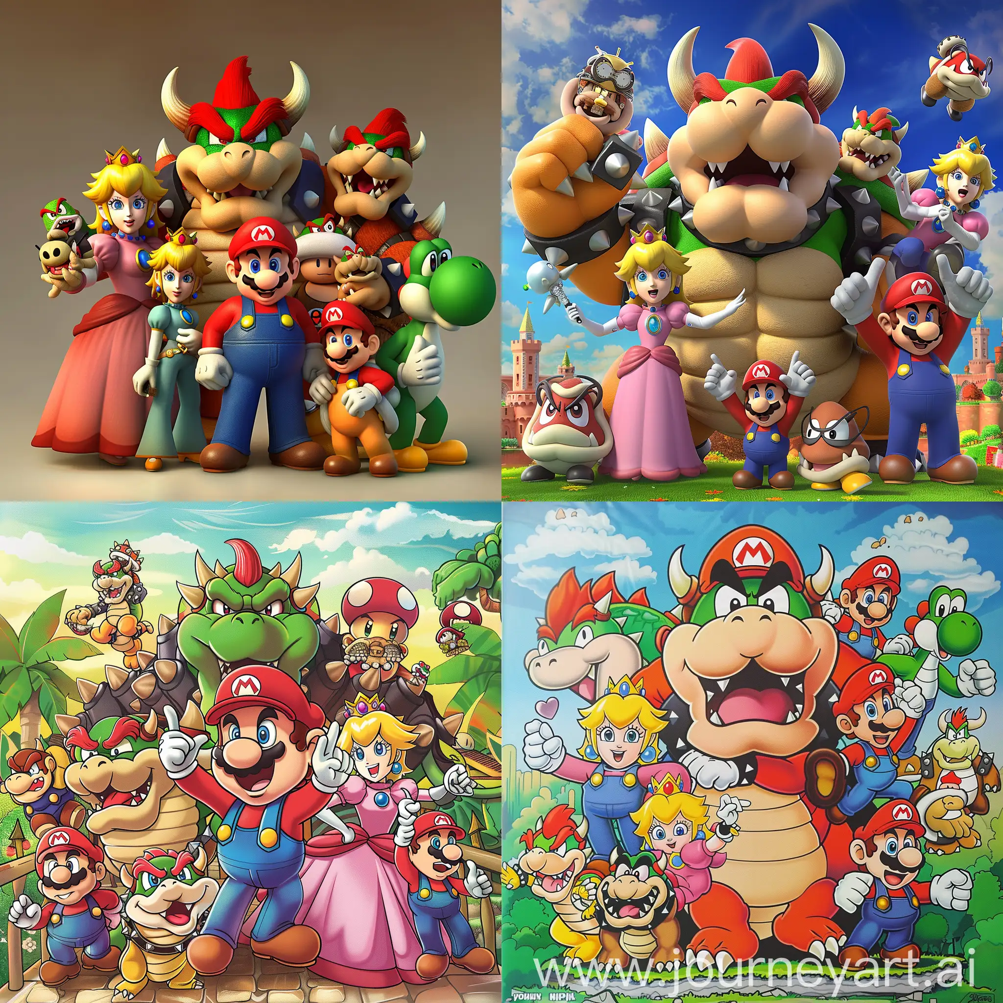 mario bros, luiggi, princess peach, bowser, toad, hammer bro, dobkey kong, bowser jr. yoshi together and happy full color background
