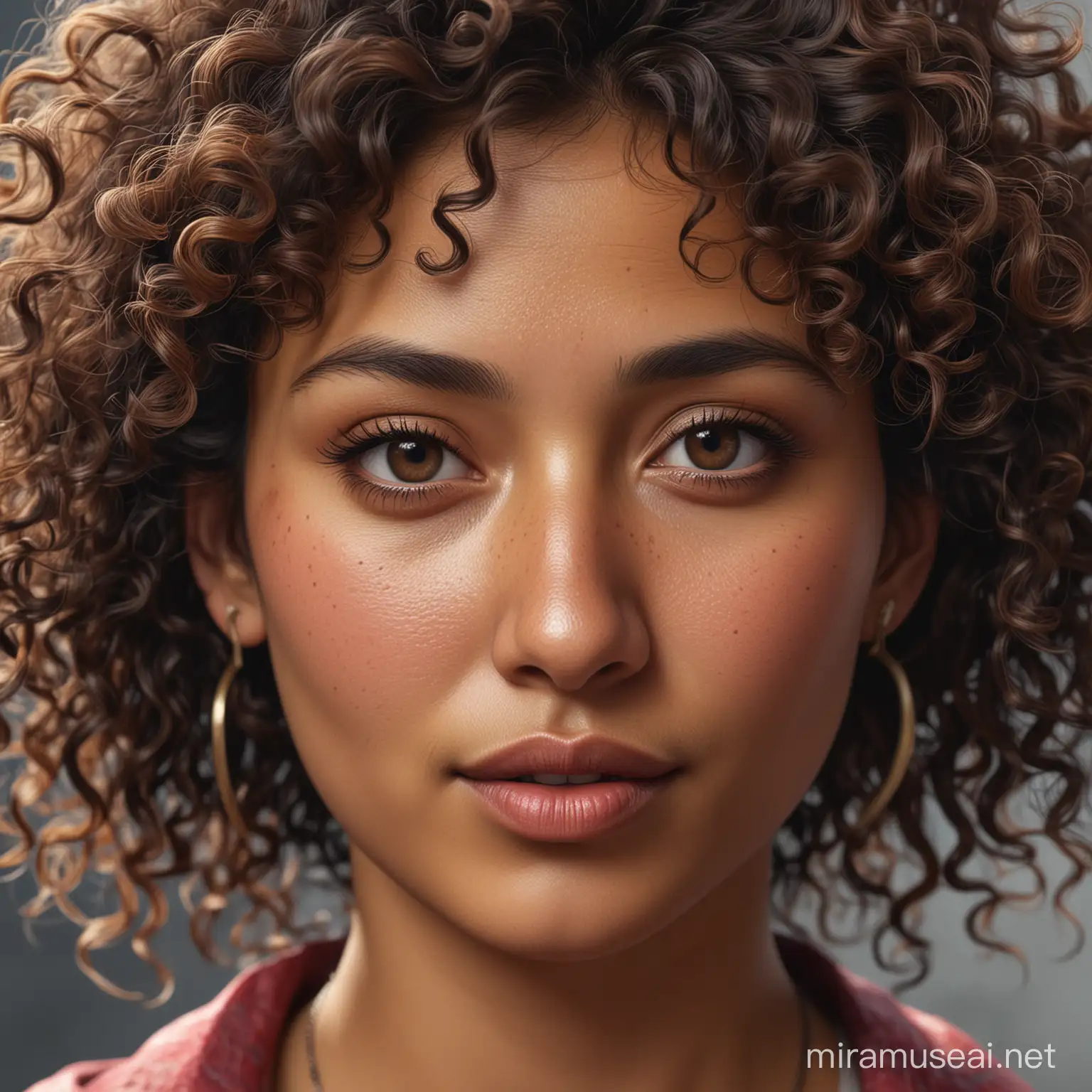 Create button nose Nepali woman, close up, photorealistic, curly hair