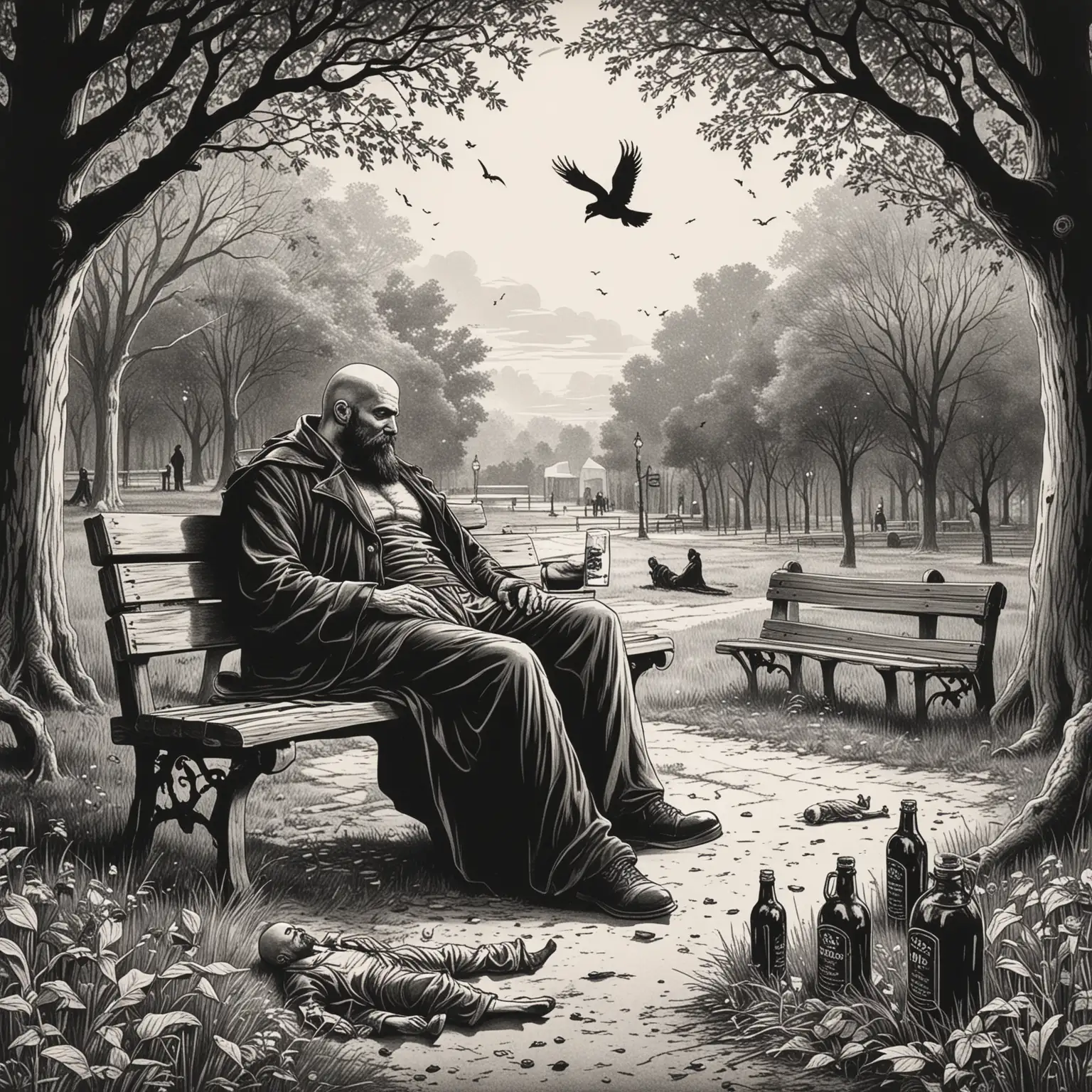 A Bald man with a beard and the grim reaper sleeping on a bench in a park, beer bottles on the ground, album cover, fine liner black ink, silhouette
