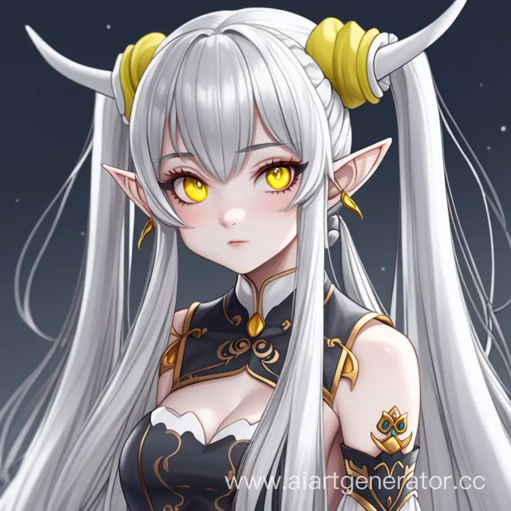 Anime girl elf yellow eyes, sassy, long hair, buns, 